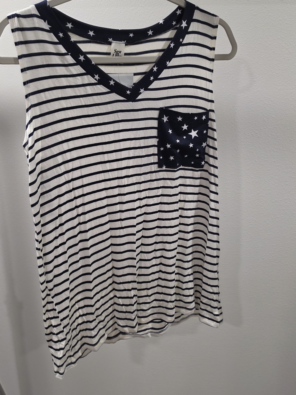 Sew In Love Patriotic Navy Star Trim Striped Tank